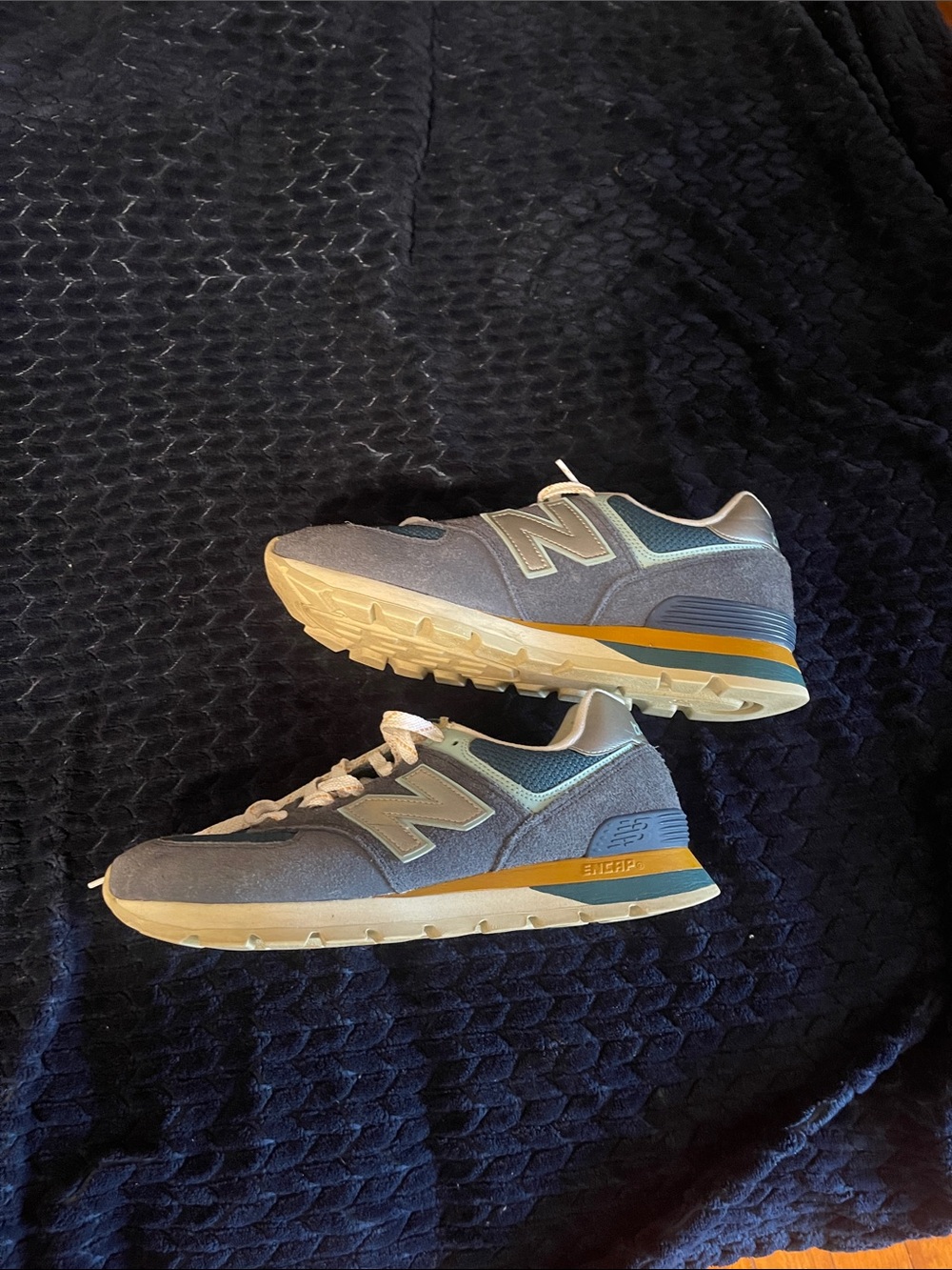New Balance Men's Gray Suede & Mesh Sneakers with Cream and Blue Accents